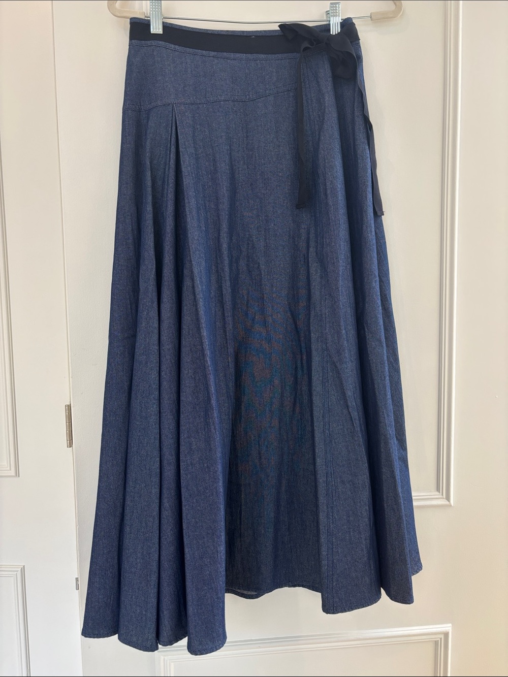 A-Line Denim-Style Navy Blue Midi Skirt with Side Tie